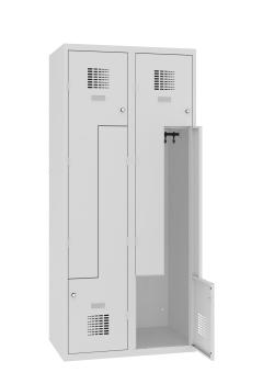 Preview: Lichtgrauer Z – Garderobenschrank vor einem weißen Hintergrund mit insgesamt 4 Fächern, jeweils 2 der Fächer laufen ineinander. Wahlweise mit Zylinder oder Drehriegel. Als Aufbewahrung von Kleidung und persönlichen Gegenständen geeignet.